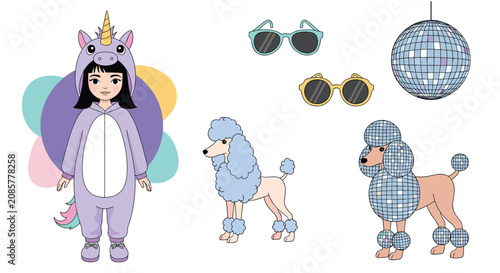 Whimsical kids illustration featuring a girl in a unicorn costume, stylish poodles, sunglasses, and a disco ball.