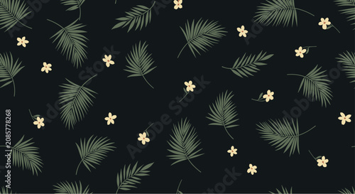 Seamless tropical pattern featuring dark green palm leaves and tiny yellow flowers scattered on a solid black background.