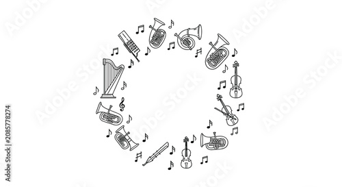 Beautiful circular frame made of hand drawn classical musical instruments and floating musical notes on a white background.
