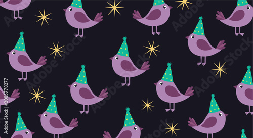 Playful seamless pattern depicting cute purple birds in green party hats celebrating happily under twinkling stars.