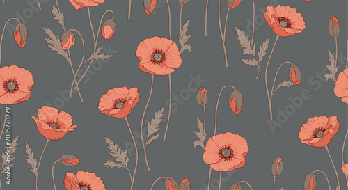 Elegant seamless pattern showcasing beautiful red poppy flowers and green buds blooming over a dark grey background.