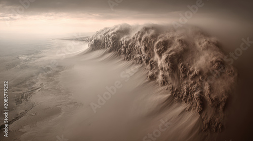Majestic sandstorm rolling over desert dune with dramatic lighting and swirling dust creating eerie atmosphere
