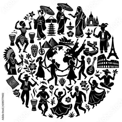 circular vector illustrating global diversity cultural unity and world tourism with international travel and multicultural symbols.