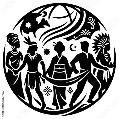 cultural diversity emblem with diverse people holding hands symbolizing global unity human connection and social harmony.