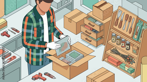 person packing items in a box with bubble wrap overhead view of supplies
