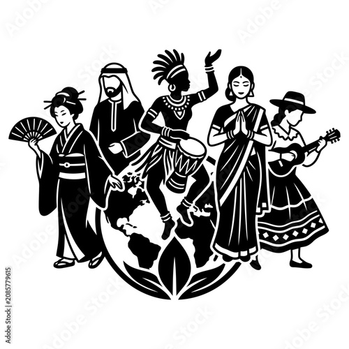 cultural diversity global unity concept illustration of diverse people in traditional clothing on earth symbolizing international community.