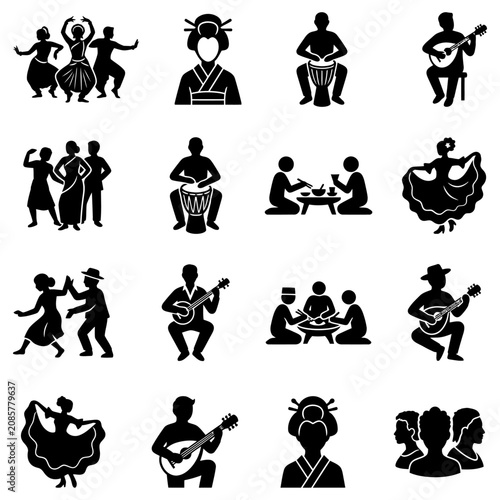 cultural diversity icons showcasing world cultures traditional music and folk dance representing global heritage.