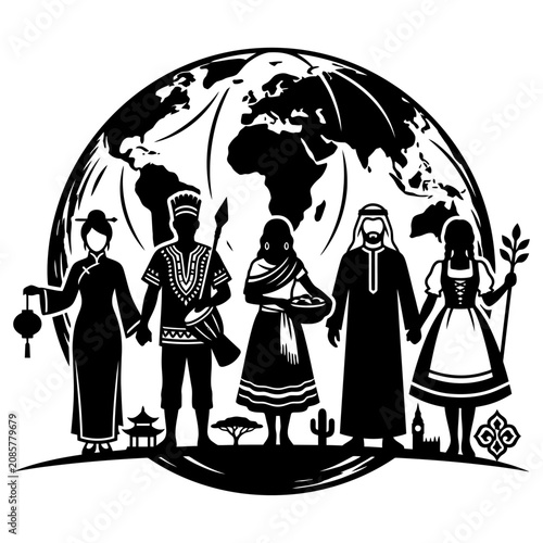 diverse group of people from different cultures standing united in front of a world map symbolizing global diversity and international cooperation.