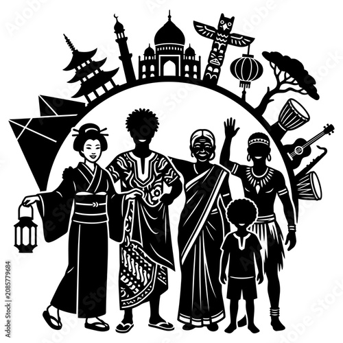 diverse global people standing together with world landmarks and cultural symbols illustrating unity and multicultural community