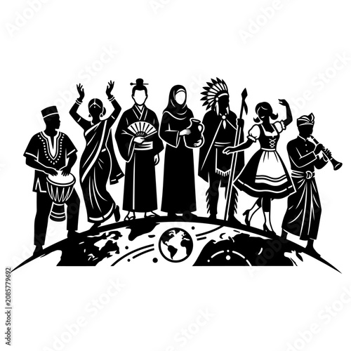 diverse people in traditional clothing represent global cultural diversity and international unity on stylized earth