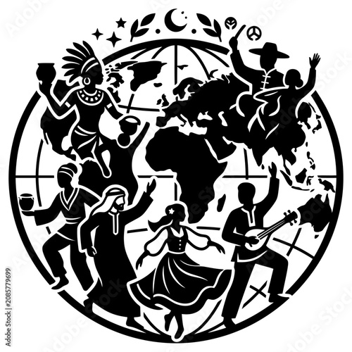 diverse people from a global community celebrate cultural diversity and unity dancing on a world globe.