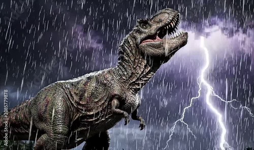Fierce tyrannosaurus rex roaring during intense thunderstorm with lightning strikes