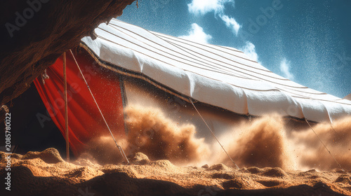 Sunlit desert campsite with canvas tent and sand swirling in warm wind, dramatic sky and textured dunes conveying adventurous mood