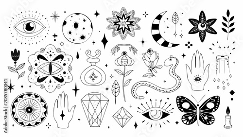 Foto Mystical Line Art Collection Featuring Eyes Crescent Moons Crystals And Botanica