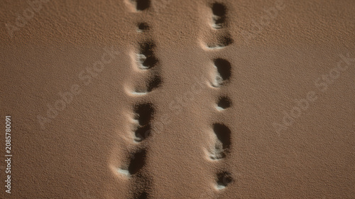 Two footprints in sand path footprint sand desert trail texture pair step pattern close up