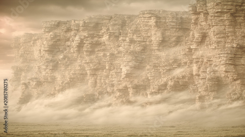Misty sandstone cliff face with layered rock formations and low fog creating moody landscape