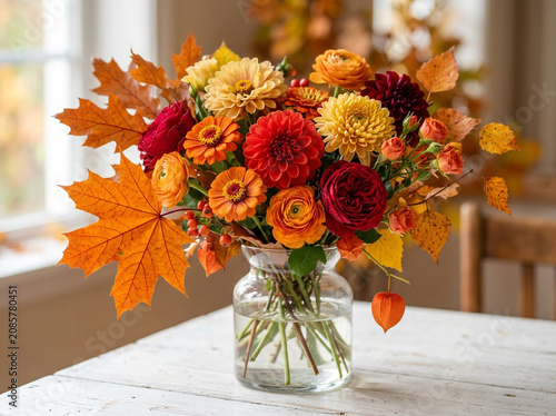 Beautiful autumn flower bouquet with bright orange and red flowers and maple leaves in a glass vase on table