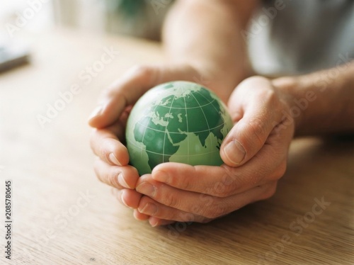 Konstfotografi Hands cradling a green globe representing environmental protection sustainabilit
