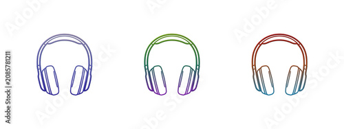 Three colorful gradient line art headphones icons set