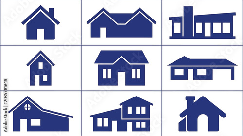 A collection of nine distinct blue house icons displayed in a structured grid layout.