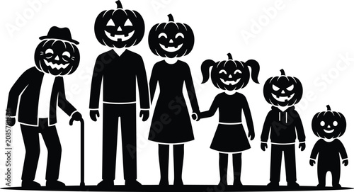 Fotografie Halloween pumpkin head family silhouette illustration featuring grandparents parents and children in spooky festive costume lineup isolated black and white vector 0