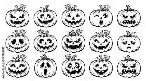 Collection of 15 unique black and white halloween pumpkin faces with various emotions and expressions