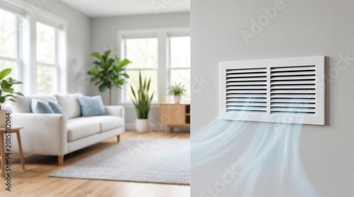 Modern wall air vent supplying fresh cooled air in bright living room. HVAC ventilation, indoor air quality, climate control, home comfort and energy efficiency concept