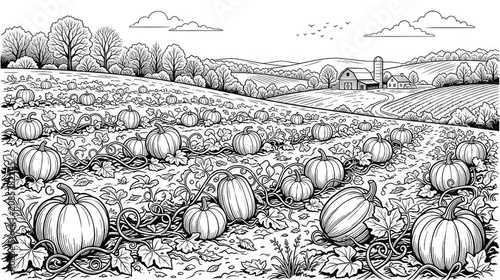 Black and white illustration of a pumpkin patch on a farm with a barn and trees in the background for coloring book