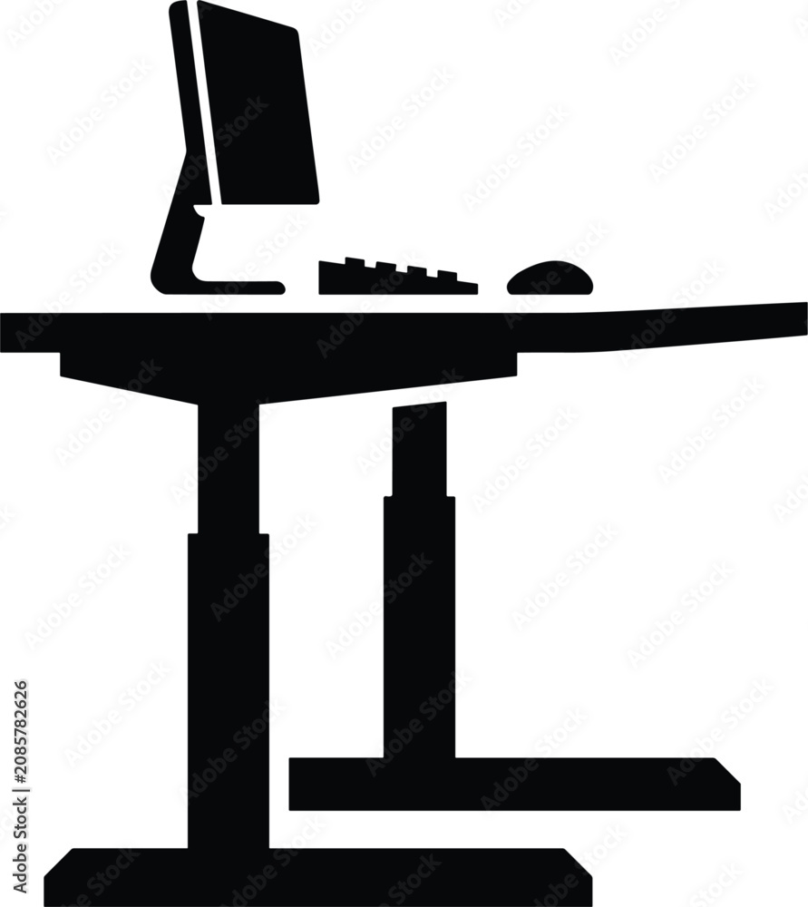 Fototapeta premium Minimalist adjustable standing desk black silhouette vector icon featuring computer monitor keyboard and mouse for ergonomic remote workspace isolated on white background.