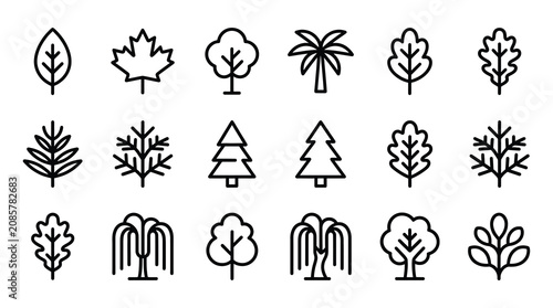 A comprehensive grid of minimalist black and white tree and leaf icons for nature design.