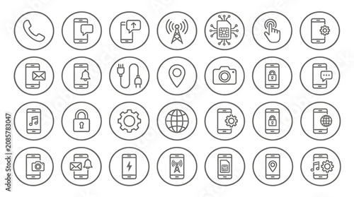 A comprehensive grid of twenty-eight circular communication and mobile technology icons.