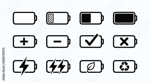 A comprehensive set of twelve black and white battery status icons in a clean grid layout.