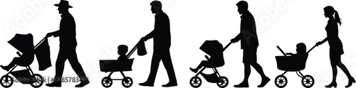 Silhouettes of adults pushing baby strollers on a white background vector illustration