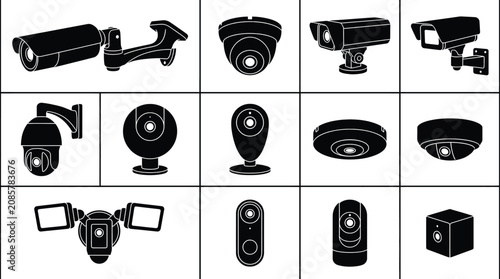A detailed grid of various security camera icons for surveillance and safety systems.