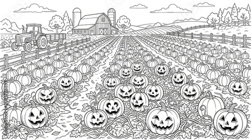 Extensive pumpkin patch illustration with carved jack o' lanterns farm buildings and harvest tractor scene