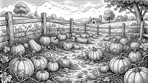 Black and white illustration of a pumpkin patch with a rustic fence and farmhouse in the background for coloring book