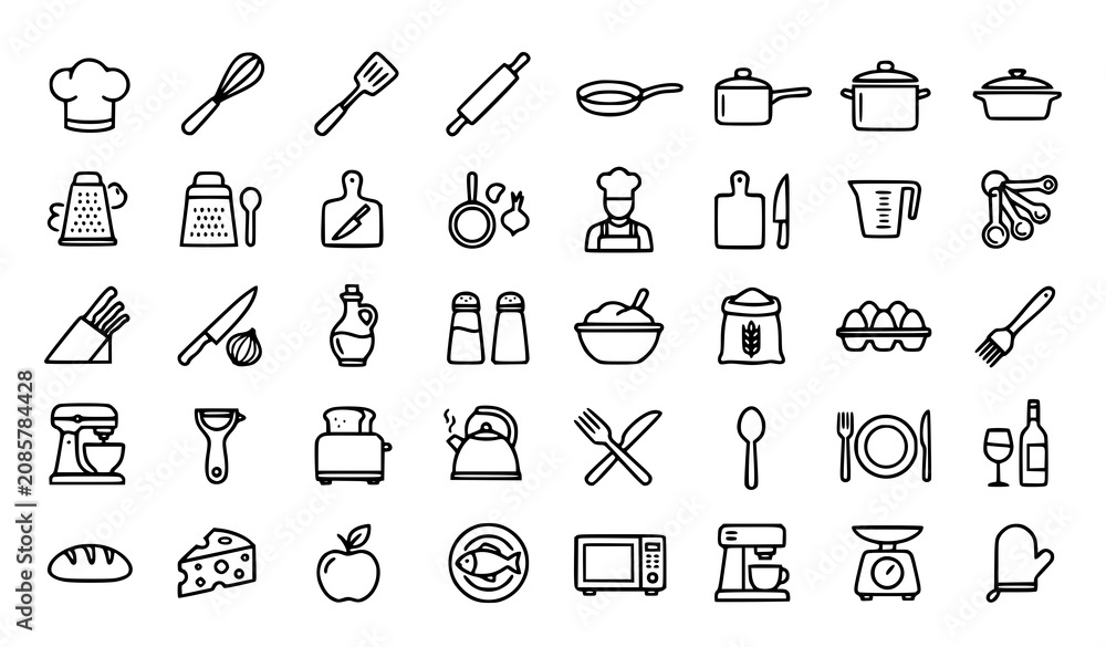 Fototapeta premium Kitchen and Cooking Outline Icons Vector Collection