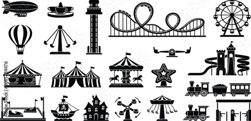 Bild auf Leinwand Amusement park silhouette vector icons set featuring roller coaster ferris wheel carousel circus tent bumper cars and carnival rides isolated on white background