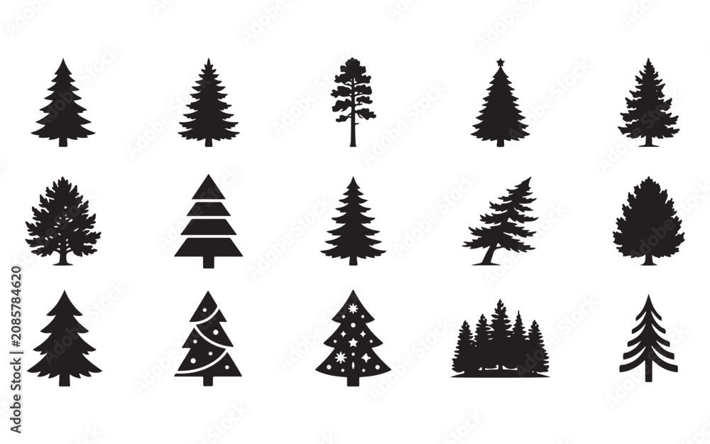 Obraz premium Premium Black Silhouette Christmas Tree Bundle Set on White Background Festive Evergreen Conifer Graphics
