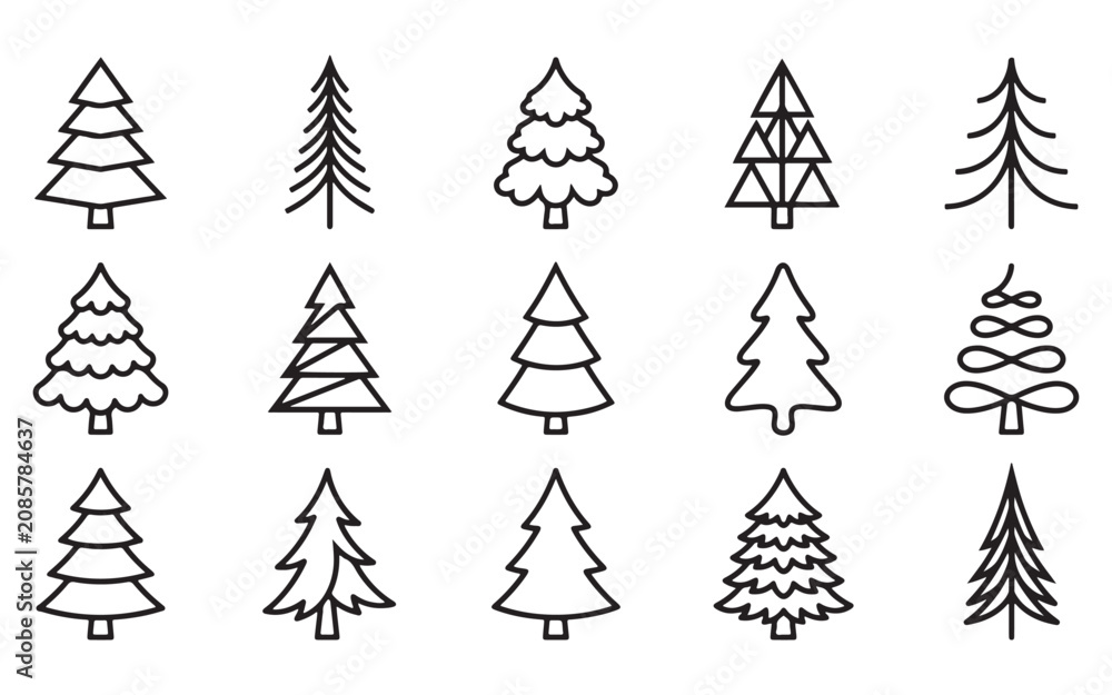 Fototapeta premium Minimal Clean Christmas Tree Bundle Collection of Line Art Icons on White Background