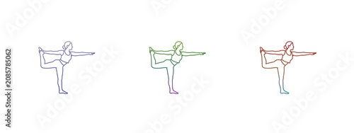 Woman practicing yoga dancer pose in colorful line art