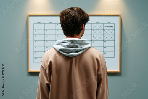 Minimalist interior with a person facing a calendar. Symbol of life on hold and endless planning. Concept of postponed decisions, time management and missed opportunities.