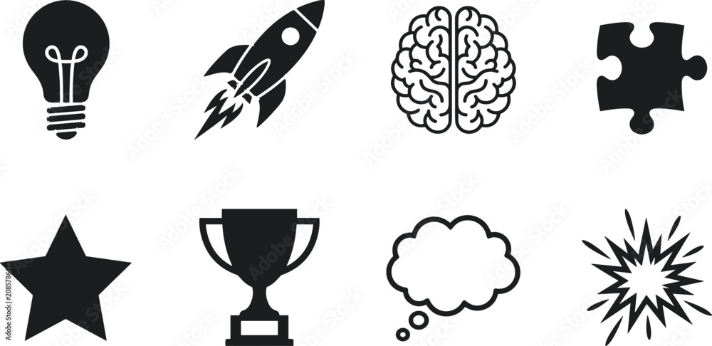 Fototapeta premium Innovation and creativity icons set featuring light bulb, rocket, brain, puzzle, and achievement symbols