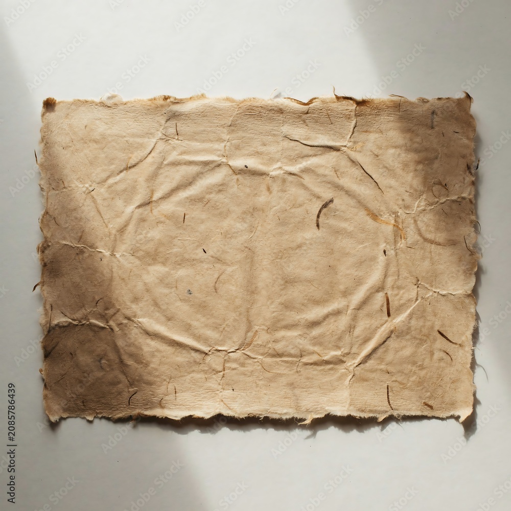Fototapeta premium Rough textured handmade paper sheet with natural fibers and irregular torn edges casting shadows