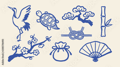 Japanese traditional symbols set with crane turtle pine bamboo plum blossom knot pouch and folding fan vector illustration