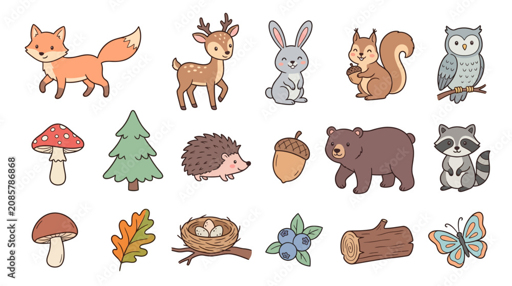 Obraz premium Collection of forest animals and plants.