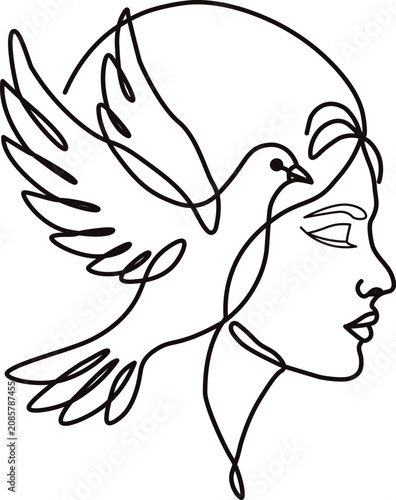 Cuadro en lienzo Humanity day continuous line art illustration of a woman profile and dove