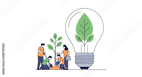 Bild auf Leinwand Diverse People Planting a Small Sapling Near a Large Glass Lightbulb With Green
