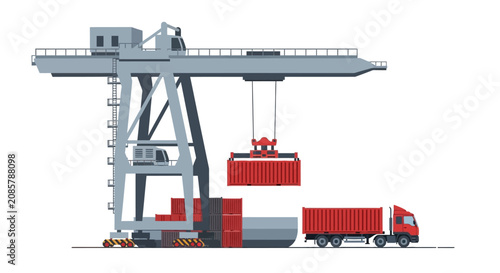 Industrial Gantry Crane Loading Red Cargo Container onto Semi Truck at Port Terminal, Logistics and Global Supply Chain Concept Vector Illustration on White Background