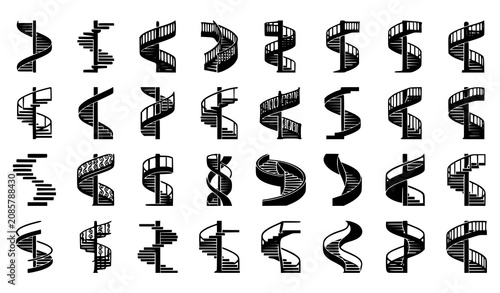 Professional Spiral Staircase Black Silhouette Vector Architecture Icon Set